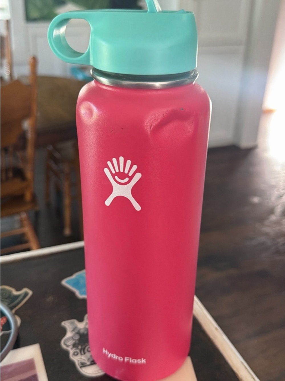 Hydro Flask Pink Bottle with Teal Lid and Carry Loop